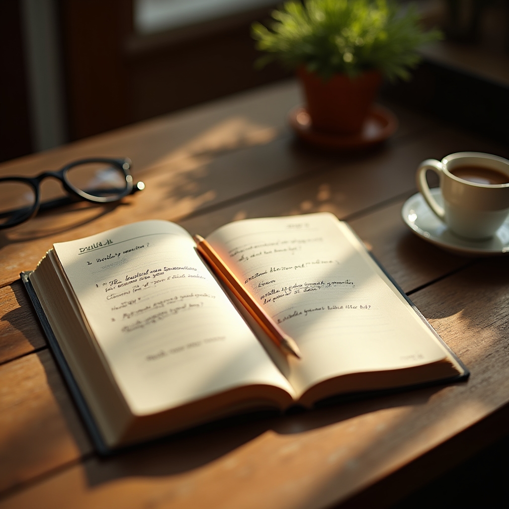 Otwarty notes z pytaniami do refleksji leżący na drewnianym biurku